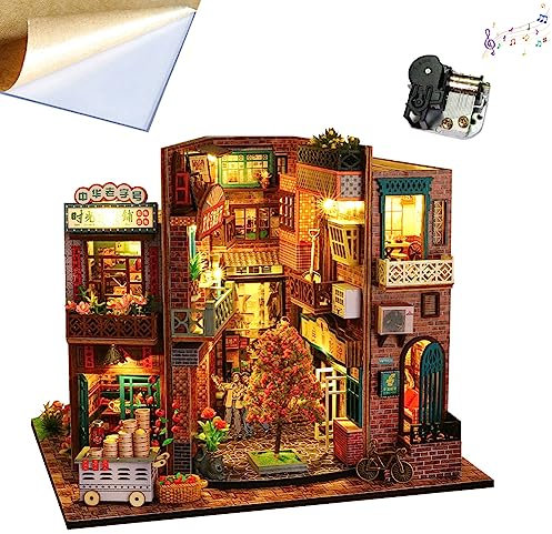TOPBSFARNY DIYMiniatur Puppenhaus Holzmöbel Kit Vintage Stil mit LED-Leuchten und Puppenhaus Kit für Time Cottage Spieluhr