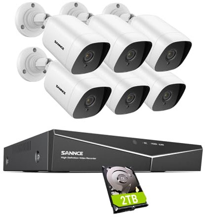 SANNCE CCTV-Kamerasystem 1080P Digitaler Videorekorder 5 in 1 DVR kompatibel mit analogen IP-Kameras TVI AHD CVBS 6 Sicherheitskamera IP66 für den Außenbereich 2TB Festplatte
