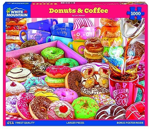 White Mountain Puzzles - Donut & Coffee - 1000 Piece Jigsaw Puzzle for Adults | Large Pieces, Gift for Adults and Family, 24x30 in, Collage