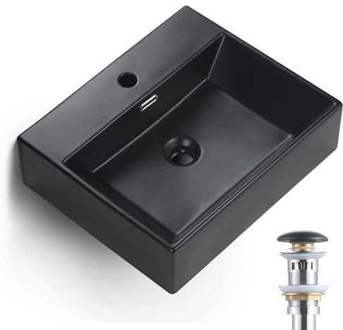 HOROW Lavabo da appoggio in ceramica per bagno, lavabo sospeso in ceramica, rettangolare, lavabo da parete, ospiti, lavabo nero, 50 cm x 42 cm x 14 cm