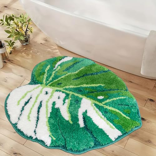 Sisher Monstera Laubteppich, groß, getuftet, rutschfeste Matte, Pflanze, Badezimmerteppich, Kinderteppich für Schlafzimmer, lustige Matte, niedlicher Teppich (Monstera Albo, 81,3 x 76,2 cm)