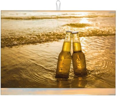 Estera de Secado, Botellas de Cerveza, Playa, Puesta de Sol, Estera de Drenaje de Platos Impresa, Almohadilla de Secado Absorbente Resistente al Calor para Cocina, 46X61cm