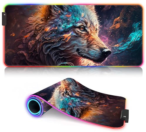 Nebula Wolf Tapis Souris Jeu RGB Grand Tapis Souris LED Lumineux étendu avec 14 Modes d'éclairage et Tapis Souris USB Gamer pour Jeu Macbook PC Ordinateur Portable Bureau 30 x 80 cm