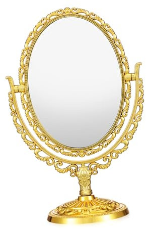 IWOWHERO Vintage Kosmetikspiegel Oval Drehbar Doppelseitiger Schminkspiegel Mit Stabilem Standfuß Eleganter Tischspiegel Für Badezimmer Und Schlafzimmer Goldfarbener Dekospiegel