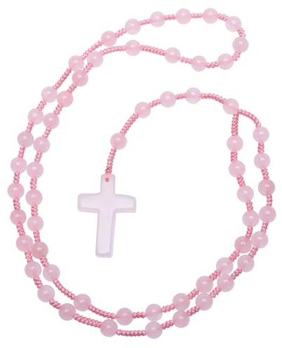 Nupuyai Rose Quartz Crystal Stone Bead Cross Pendant Necklace for Men Women, Catholic Rosary Hand Knotted Necklace 62cm