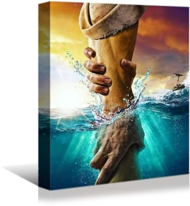 YONICA Jesus Wandkunst, Die Hand Gottes, Jesus greift ins Wasser, Christus, Religion, Leinwand-Wanddekoration, blauer Ozean, Bibelbilder für Wohnzimmer, Schlafzimmer, Kirchendekorationen, fertig zum