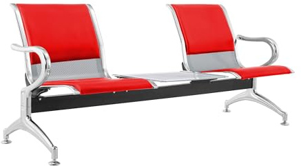 FBasic Bank 3-Sitzer Stahl 183 x 71 x 78 H Silber für Wartezimmer | zur Montage: 3 Sitze + Tisch | Mit Sitzkissen für Sitz und Rückenlehne Rot | Bank mit Armlehnen