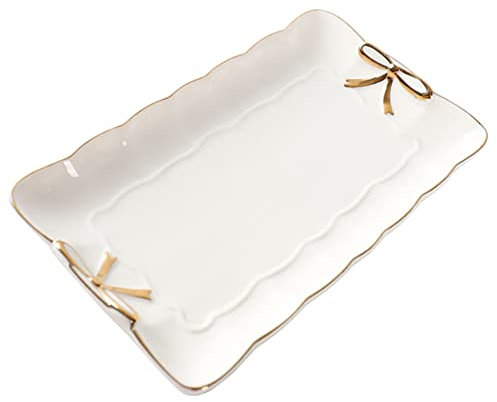 COLLBATH Plateau En Céramique Décoratif Bordure Dorée, Plat à Bijoux Élégant, Assiette à Dessert Blanche, Plateau De Service Polyvalent Pour Apéritifs Et Présentation, Pour Table Et Rangement
