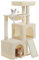 PETEPELA Árbol rascador de 104 cm con 2 espaciosas cuevas para gatos de casa, casa para gatos con cómoda hamaca, barra acolchada, almohadilla para rascar y pelota de juego extraíble, color beige
