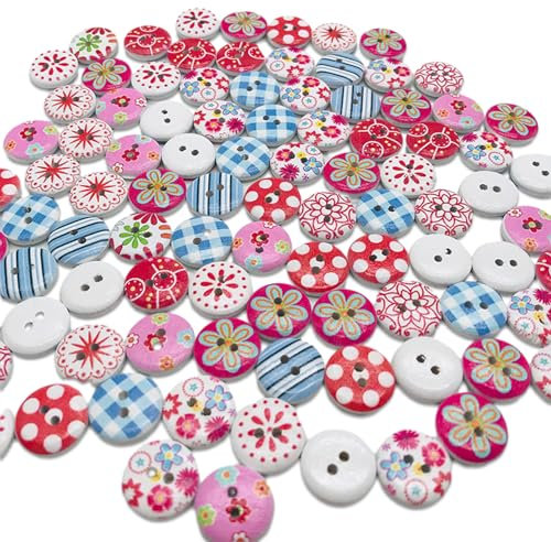 100 Stück Bunte Holzknöpfe Runde Bemalte 2 Löcher Knöpfe für Kinder Puppen Nähen Basteln Dekoration - Durchmesser 15mm