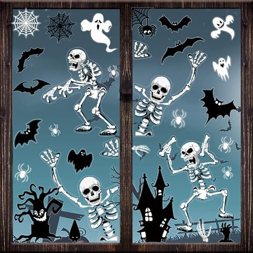 SULOLI 8 Fogli Adesivi per Finestre Halloween,Vetrofanie per Finestre Riutilizzabile,Sticker Decorazione Scheletro,Pipistrello,Fantasmi,Ragno