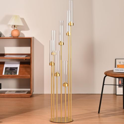 123cm Kerzenständer mit Acryl-Lampenschirmen für Hochzeitsdekoration Metall 7 Arm Kerzenhalter Gold Kerzenstöcke Halter Dekor für Ostern Party Bankett Geburtstag (LED Kerzen)