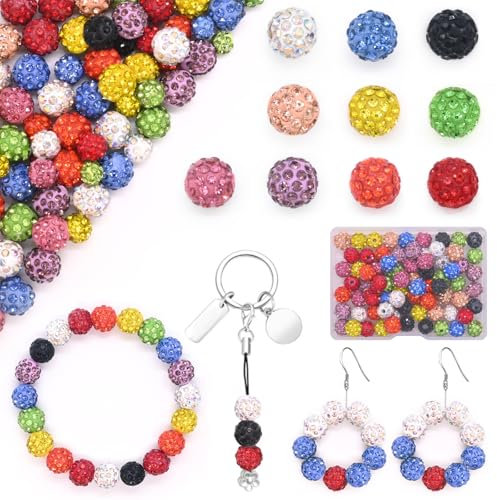 Mispudin 100 Stück Bunt Glitzerperlen zum Auffädeln, Strass Perlen 10mm, Disco Ball Perlen für DIY Shamballa Armband Halskette Party Dekoration