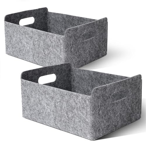 Cozary 2 Stück Filzkorb Aufbewahrung Faltbarer, Filz Aufbewahrungsbox mit Griff, Aufbewahrungskorb Filz für Regal, Kleiderschrank, Kleidung, Handtücher, Accessoires - 30x24x15 cm - Grau