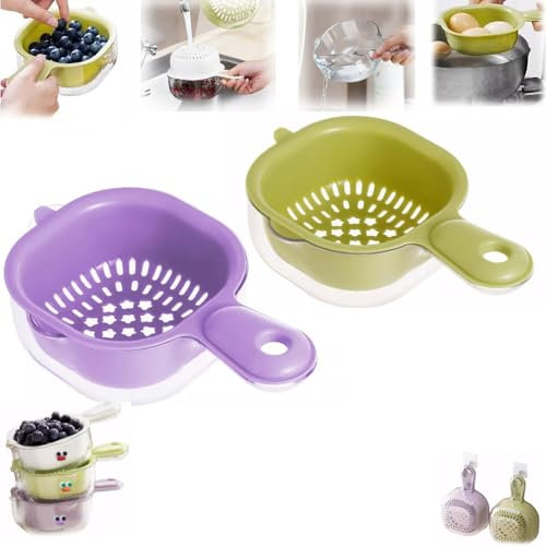 Panier d'égouttage de Cuisine à Double Couche avec poignée, Bol égouttoir à Fruits et légumes, Bassin de Lavage de Fruits de Rangement Portable, Passe au Lave-Vaisselle – Amovible (2PCS-C)