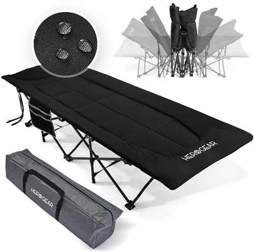 HEROGEAR Feldbett klappbar mit bequemer Baumwollfüllung [integriertes Kissen & Matratze] Gästebett Campingbett Strandliege Gartenliege Reisebett Erwachsene Faltliege Klappbett | 190 x 67 cm (Schwarz)