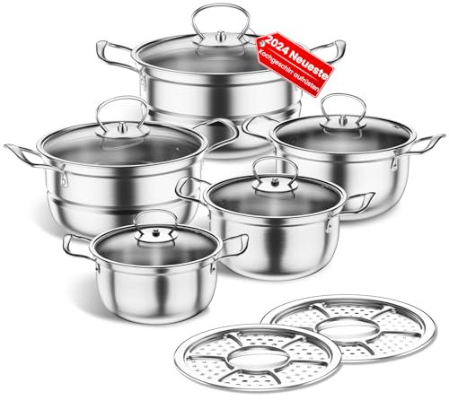 Stainless Steel Saucepan Set, Large Cookware Induction Saucepan Set, Pots with Glass Lid and Saucepan, 12-Piece Pots Set, Suitable for All Types of Hobs (Light Light Grey)