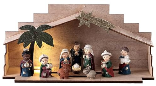 Holzhütte Krippe Kinder aus Harz 5 cm, 10x25x5 cm