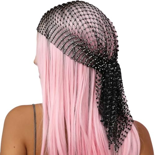 KOLZEMV Pañuelos Cabeza Diamantes, Negro Purpurina Diadema de Malla de Cristal Elástico Diademas Diamantes Brillantes Tocado Fiesta Discoteca Disfraz Accesorios para el Cabello para Mujeres Niñas