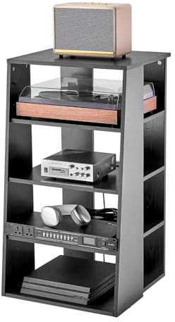 VEVOR Meuble Audio Visuel 5 Niveaux, Étagère Multimédia en Bois, Support Multimédia avec Hauteur Réglable, pour Lecteurs DVD/Décodeurs de Câbles/Consoles de Jeux, Salle d'Enregistrement, Noir