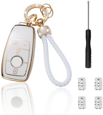 Key Fob Cover for Mercedes Benz Key Shell with Keychain & 4 Valve Cover,Upgraded Soft Case for Benz GLC GLE GLA GLB GLS AMG A C E G S Class Schlüsselcover für Mercedes Benz mit Schlüsselanhänger