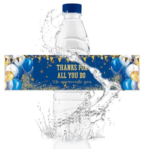 URROMA Water Bottle Labels, 50Pcs Blue and Gloden Thanks for All You Do Waterproof Bottle Sticker for Wedding Birthday Graduation Baby Shower