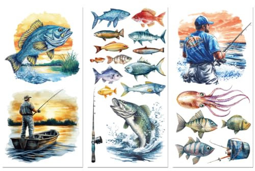 Peacoblue UV DTF Rub-On Transferfolie Möbel-Sticker Fisch und Angler Muster 15x30cm, 3 Stk. Wasserfeste Deko-Transferaufkleber für Möbel Glas Gläser Porzellan Wäscheschränke Kommoden Holz Kunststoff