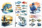 Peacoblue UV DTF Rub-On Transferfolie Möbel-Sticker Fisch und Angler Muster 15x30cm, 3 Stk. Wasserfeste Deko-Transferaufkleber für Möbel Glas Gläser Porzellan Wäscheschränke Kommoden Holz Kunststoff