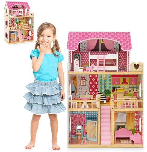 HOMASIS Casa delle Bambole Rosa in Legno, Giocattoli Bambina con Mobili e Accessori inclusi, Villa delle Bambole con 3 Piani e Stanze, Regalo per Ragazze dai 3+ anni (Modello 2)