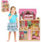 HOMASIS Casa delle Bambole Rosa in Legno, Giocattoli Bambina con Mobili e Accessori inclusi, Villa delle Bambole con 3 Piani e Stanze, Regalo per Ragazze dai 3+ anni (Modello 2)