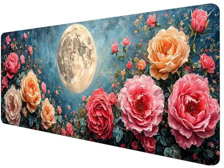 Tapis de Souris XXL 1200 x 500 mm, Fleur Tapis de Souris Gamer Imperméable, Tapis de Souris Lune, Tapis Souris avec Bords Cousus, Base en Caoutchouc Antidérapante, Mousepad pour Maison Bureau S-200