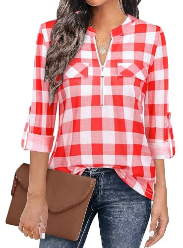 Siddhe Chemisier à col en V pour femme - Manches 3/4 - Tunique - Fermeture éclair - T-shirt à manches longues - Tunique, Rouge et blanc à carreaux, XL