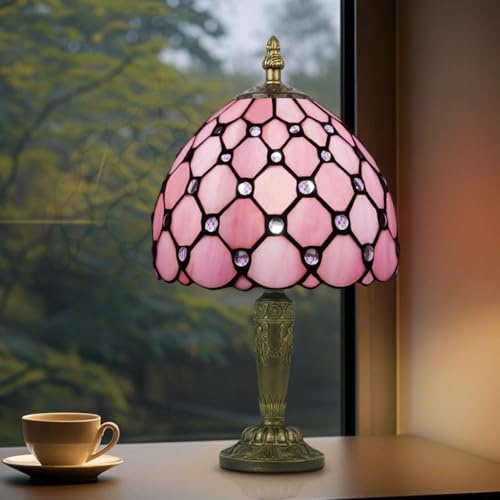 Crefotu Small Tiffany Style Table Lamp, 3 Color Temperatures Bedside Lamp, 8 Inch Stained Glass Desk Light for Home Office Bedroom Living Room (Pink)
