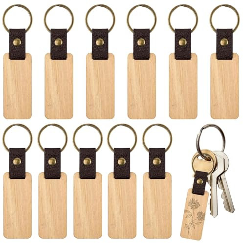 GALOZZOIT Lot de 12 porte-clés en bois DIY pour gravure au laser, trousseau de clés personnalisé, cuir et bois, cadeau pour homme et femme (9 g/pièce), Bois, 6,5cm*2,8cm