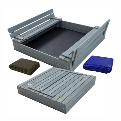 Sandkasten mit Deckel für Kinder, aus geschlossenem Holz, 140 x 140 cm, mit Sandkastenbank mit Deckel, imprägniertes Kiefernholz, inkl. 1 Abdeckplane, 1 Isolierplane