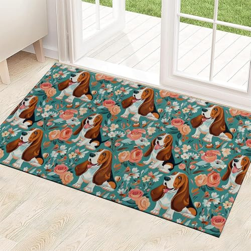 ainori Basset Hound Indoor Door Mat 29.5x17in,Non Slip Backing Floral Dog Cartoon Floor Mats,Non Woven Entryway Rug,Welcome Rugs Decor,for Entrance Inside Porch Kitchen,Practical Doormats Gifts