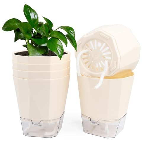 EZESO 6 Packs Kunststoff Blumentopf Selbstbewässernd mit Drainagelöchern, Baumwollseil und Reservoir, dekorativer Übertopf Kräutertopf für Innen und Balkon Sukkulenten Kaktus, Creme