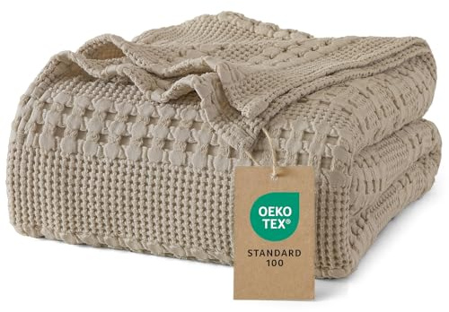 PHF 100% Baumwolle Waffledecke Kuscheldecke 130x150cm, Oeko-TEX® Zertifiziert - Hotelwäschequalität - Ideal für Sofa Couch Bett, leicht & atmungsaktiv, Taube (Simply Taupe)