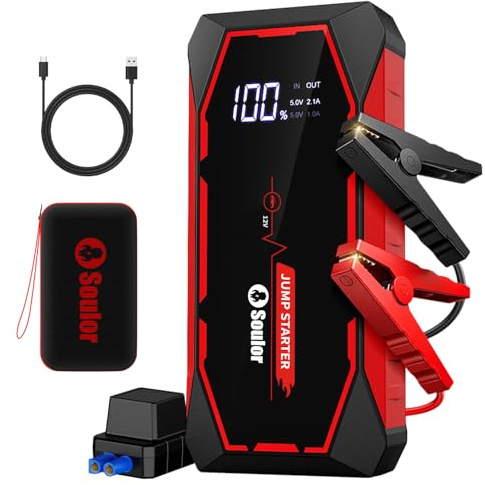 Avviatore di emergenza per batteria auto, 5000 A, portatile, per motori fino a 8 l a gas e diesel da 6 l, caricabatterie da auto da 12 V, con cavi di avviamento e luce LED