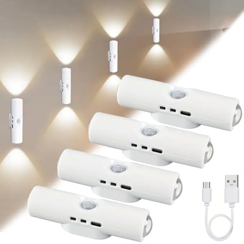 FiTspi Confezione da 4 luci da parete ricaricabili con sensore di movimento, luce LED ricaricabile a 3 colori, luce notturna con sensore magnetico USB, per scale, soggiorno, bagno, corridoio, sotto