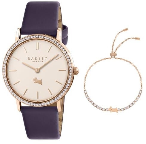 RADLEY 18ct Rose Gold Plated Purple Leather Strap Watch and 18ct Rose Gold Dog Bracelet Gift Set RY21806A-SET