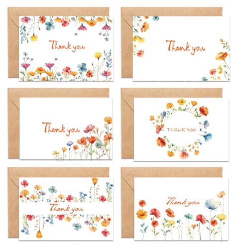 Dankeskarten 12 Stück, Karte Danke Enthält Umschläge mit 6 Wildblumenmotiven, Dankeschön Karte Blanko Klappkarten zum Danke Sagen, Perfekt für Lehrer, Familie, Hochzeiten, Freunde, Geburtstage
