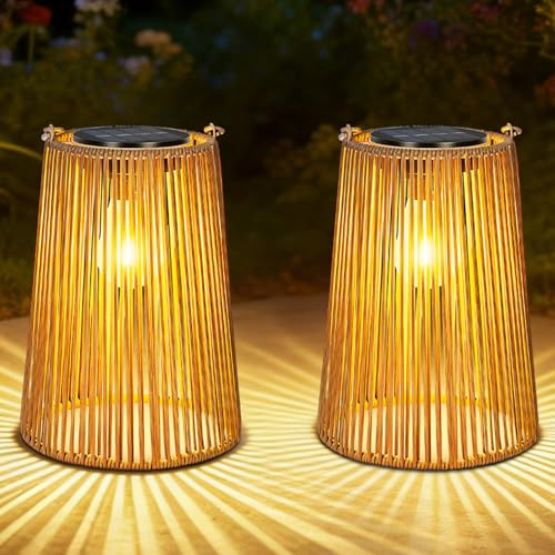 OUTONLIFE 2er Set Solarlaternen für Außen, Rattan Hängend/Stehend mit LED, wasserdicht, Automatisches Ein-/Ausschalten, Handgefertigt, dekorativ für Garten, Terrasse, Veranda, Balkon & Tisch