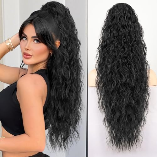 Extension Cheveux Naturel de 76cm, Queue de Cheval Extension Longue, Ponytail Cheveux Naturel Ondulée, Postiche Queue de Cheval Avec Attraper de Serrage, Extension Queue de Cheval Synthetic Noir