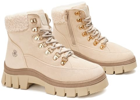 GLAMORA Botas de Invierno para Mujer con forro, Botines de Ante Sintético con Pelo, Plataforma, Suela de Goma Antideslizante, Cremallera Lateral y Cordones, Estilo Montaña trekking urbano