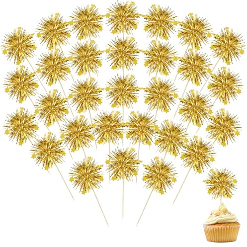 Firework Cupcake Toppers, Cake Topper Decorations, Cocktail Accessories, Cocktail Stirrers, 30 Pcs Gold, Tinsel Cake-Decoration For Party, Birthday, Wedding, Graduation, Christmas, Valentine