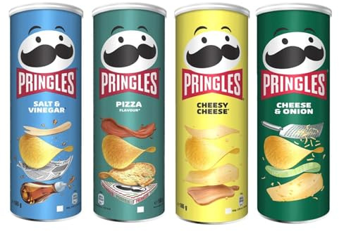 Pringles Chips Mix – Salt & Vinegar, Pizza, Cheesy Cheese & Cheese & Onion, Knusprige Kartoffelchips, 4 × 165 g