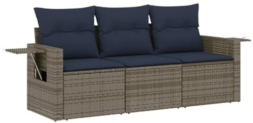 WGYHOME 3-teiliges Gartensofa-Set mit Kissen, grau, Polyrattan, klappbare Beistelltische, UV-beständig, für Terrasse, Garten & Balkon