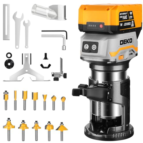 DEKO 20V Cordless Wood Router, Brushless 6-Speed Trim Router, 4.0Ah Battery, 30,000 RPM, 12-piece 1/4 inch Shank Router bit Set, 32mm dust Extraction for Trimming, Grooving, chamfering and profiling
