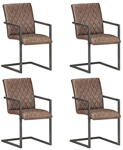 Mhdvray Freischwinger 4er Set Esszimmerstühle aus Echtleder Braun, Polsterstühle mit Rautenmuster im Retro Design, stabile Schwingstühle mit Metallgestell für Esszimmer und Küche